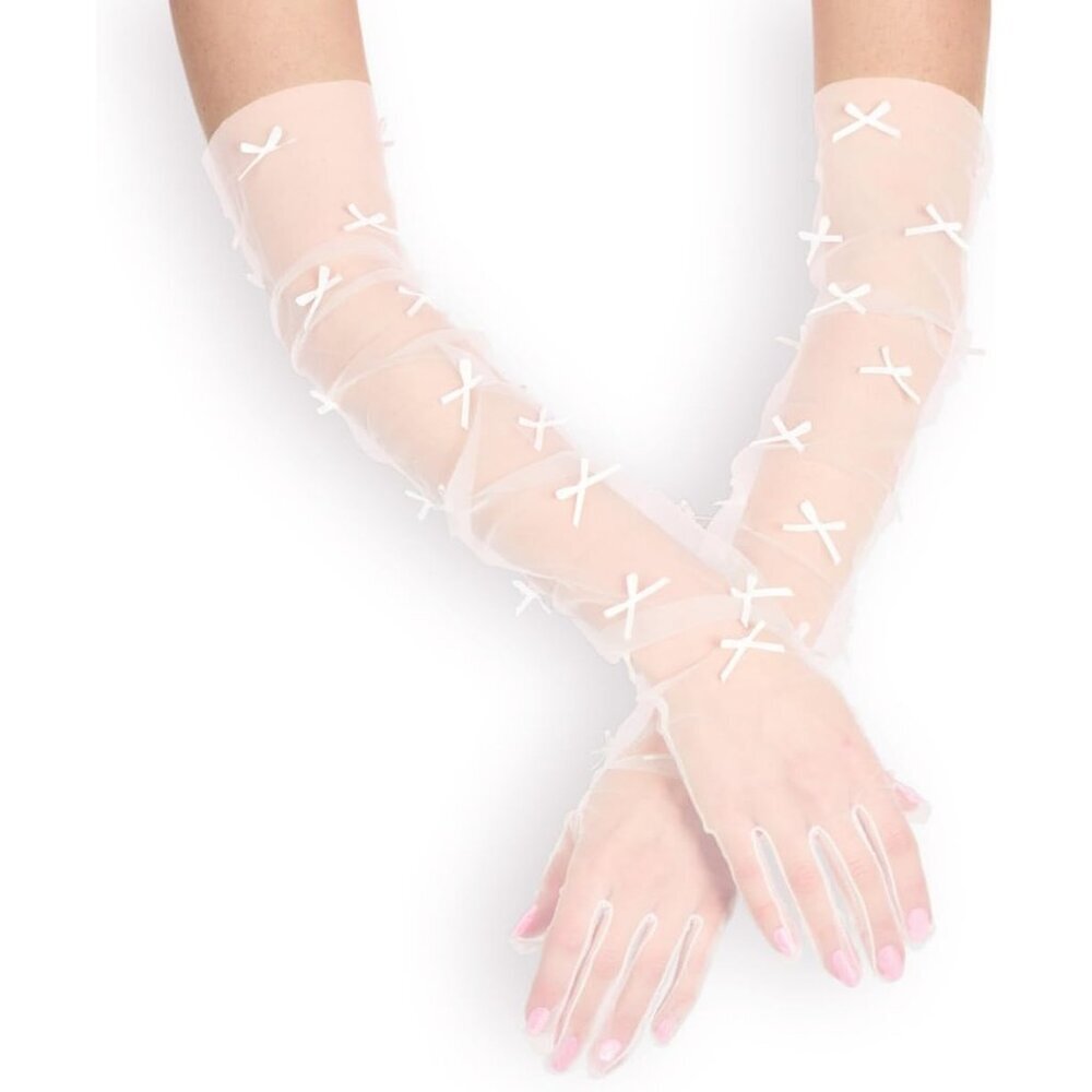 Women's Pink Sheer Knot Satin Cute Bow Gloves Halloween Party Costume Accessory